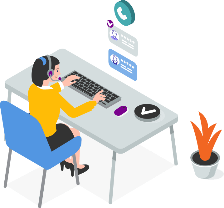 Illustrated image of a woman at her desk in conversation with others online