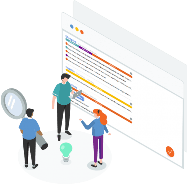 illustration showing three people chatting about a sketch result. One is holding a magnifying glass.